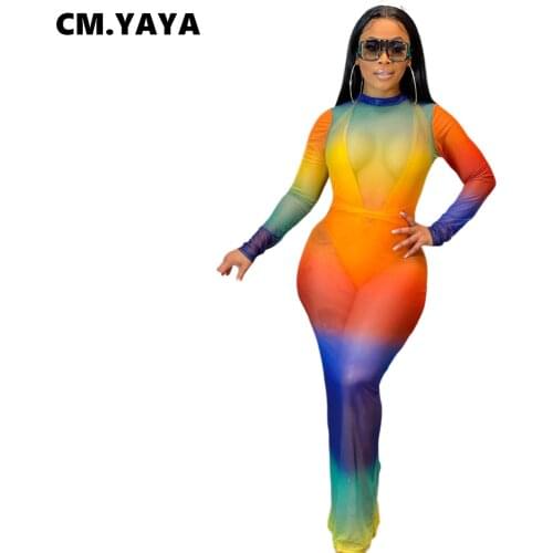 CM.YAYA Women Sexy Gradient Mesh Transparent Long Dress for Sexy Night Party Beach Long Sleeve Bodycon Elastic Midi Maxi Dresses