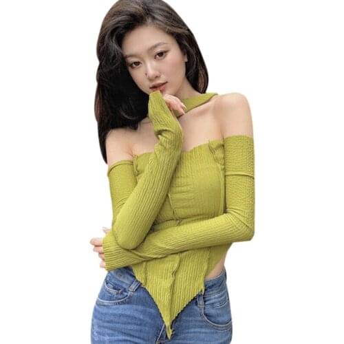 Long Sleeve Crop Top Off Shoulder Club T Shirts Slash Collar Women Vintage Corsets Busiter Streetwear Tee