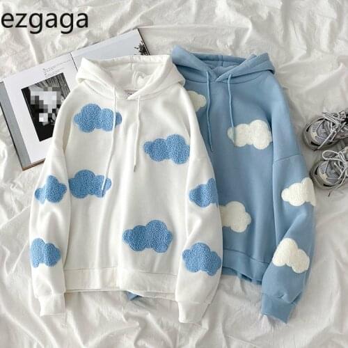 Ezgaga Harajuku Hoodies Women Casual Preppy Style Sky Clouds Embroidery Sweatshirt Loose Long Sleeve Pullover Streetwear Female
