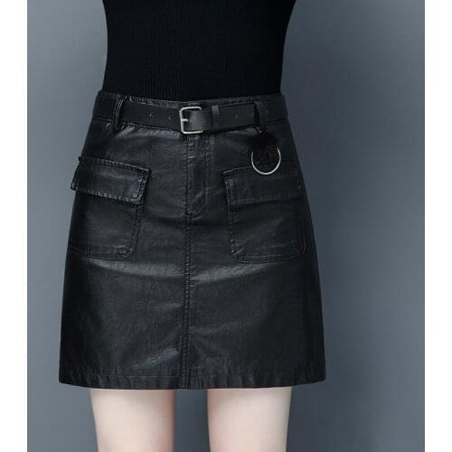 Spring Autumn Plus Size Black Leather Skirt Women Vintage Punk PU Wrap Skirt High Waist Sexy Short Skirts Womens Clothing