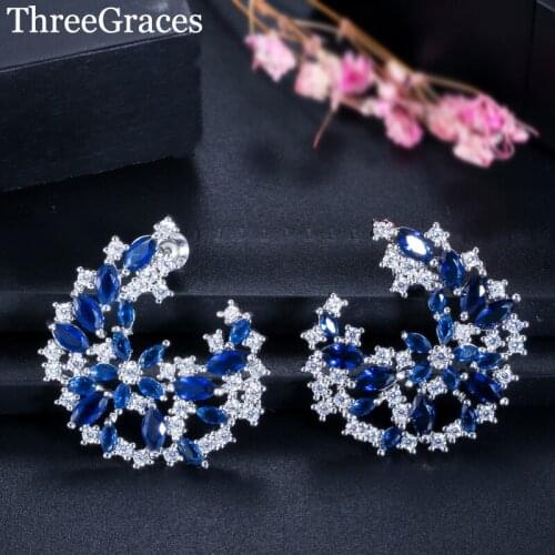 ThreeGraces Luxury Design Bridal Silver Color Big Flower Paved Blue And White CZ Crystal Women Stud Earrings For Wedding ER189
