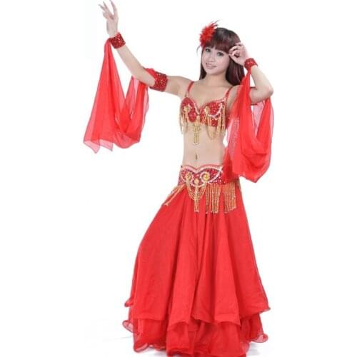 Fashion Women Dancer Sexy Beaded Belly Dance Bra Top Sequined Fringe Belt Chiffon Skirt Dancing Costume