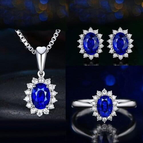 2021 Silver Fashion Full Diamond Sapphire Princess Crown Jewelry Set For Women Engagement Ring Earrings Pendant Necklace Gift
