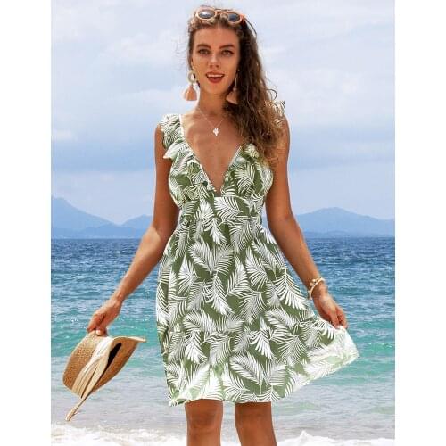 CUPSHE Leafy Ruffle Trim Mini Dress For Woman Sexy Lace Up Back Ruffled Beach Dress 2021 Summer One-piece Sundress Vestidos