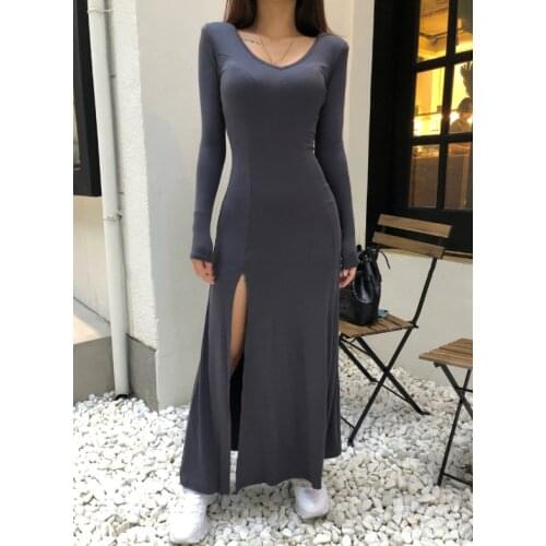 Women Long-sleeve Dress V Neck Bodycorn Cotton Slim Sexy Split Elegant Dresses Antumn For Party Club 2020