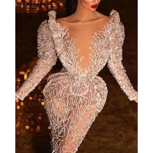 Women Party Dress Deep V-neck Dinner Dresses Slim Sexy Perspective Long Sleeve Womens Small Sequin Maxi Dress Lugentolo