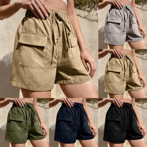 2021 Womens Cotton And Linen Shorts Simple Comfy Multi Pockets Pants Drawstring Loose Wide Leg Shorts Daily High Quality Shorts