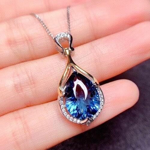MOONROCY Silver Color Blue Crystal Pendant Chain Necklace Chokers Waterdrop Jewelry Wholesale for Women Girls Dropshipping