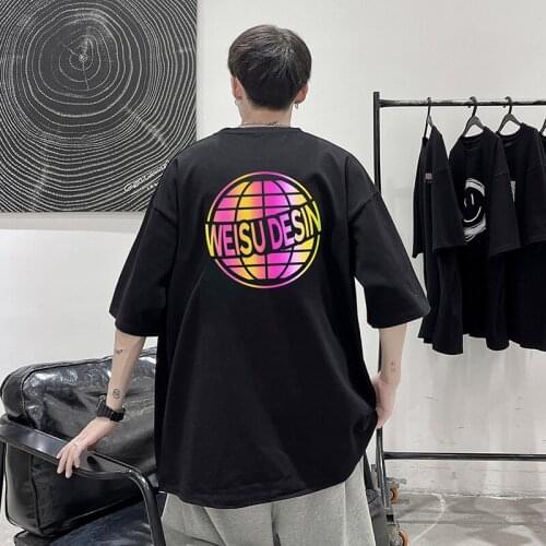 Short-Sleeved T-Shirt Mens Summer Hip-Hop Five-Point Sleeve High Street Colorful Reflective Oversized Tees MA111