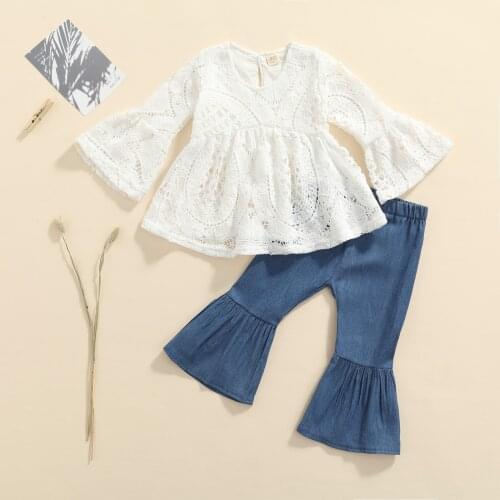 Girls Clothes 2 pcs Set Lace Hollow Out Ruffle Long Sleeve Large Hem O-neck Tops+Solid Color Flared Trousers Outfit