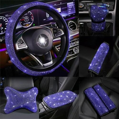 Crystal Blue Diamond Auto Car Steering Wheel Covers Handbrake Gear Cover Seat Belt Shoulder Headrest Pad Car Interior Accessorie