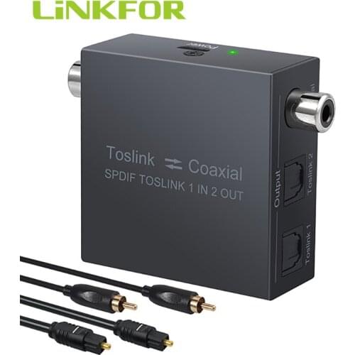 LiNKFOR 192KHz Digital Audio Converter Optical SPDIF Toslink 1 in 2 Out Splitter Coaxial to Optical & Optical to Coaxial Switch