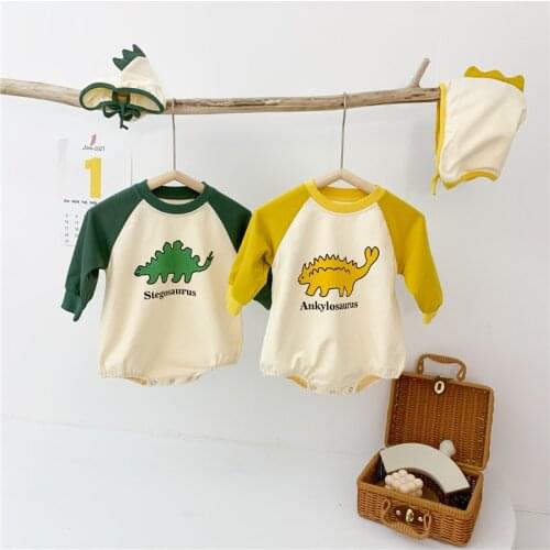 Cute 2021 Spring Infant Jumpsuit Clothes Cartoon Dinosaur Patchwork Long Sleeve Baby Bodysuits With Hat
