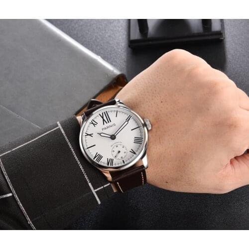 PARNIS Fashional Mechancial 44mm Hand Winding Mens Watch White Dial 6498 Movement Round Wristwatch Leathe Band
