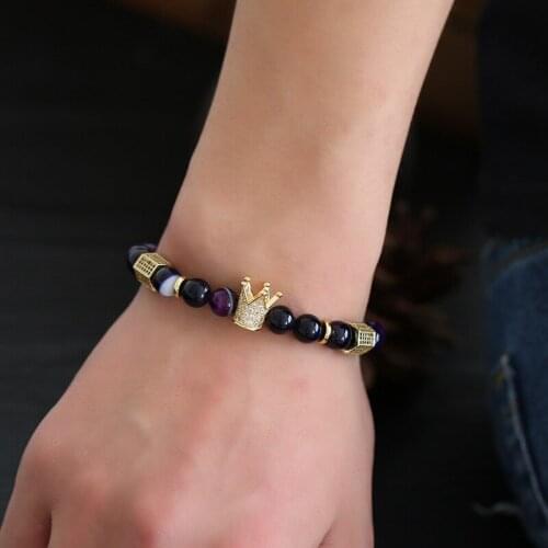 Mens Gold Paved CZ Zirconia Colorful Striped Onyx Natural Stone Beads Bracelet Female Balance Yoga Pulseira Buddha Jewelry
