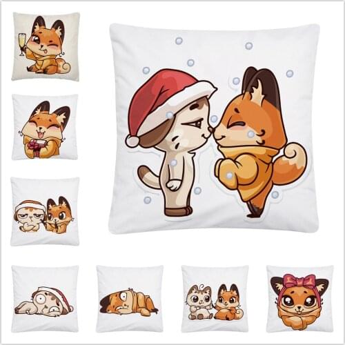 Cat And Fox Good Friend Cartoon Pattern Soft Short Plush Cushion Cover Pillowcase Home Sofa Car Decoration Pillowcase 45X45Cm