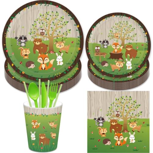 Omilut Woodland Animals Birthday Party Disposable Tableware Set Jungle Safari Animals Disposable Plates/Cup/Napkins Animal Decor