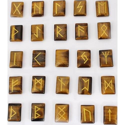 25pcs Rune Stones Set Black Obsidian/Tiger Eye Healing Reiki Tumbled Stones Engraved Lettering Wiccan Pagan Amulet