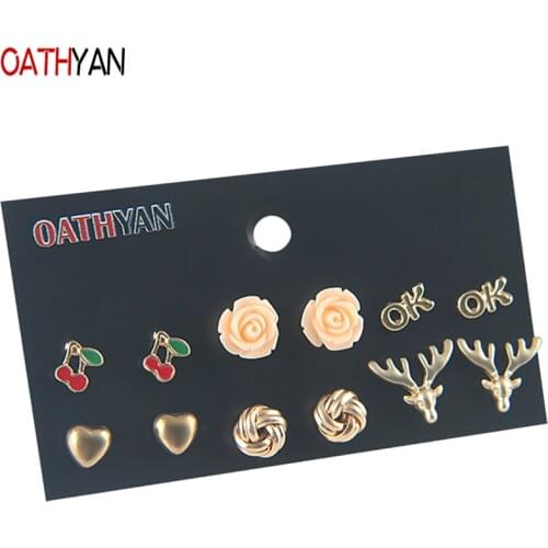 OATHYAN 6 Pairs/Set Casual Gold Color Round Heart Elk Stud Earrings Sets Female Acrylic Flower Earring Red Cherry Small Brincos