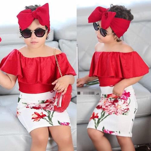 Pudcoco Girl Clothes Canis Kid Baby Girls Tops T-shirt Flower Skirt Dress Headband Outfit Clothes Set