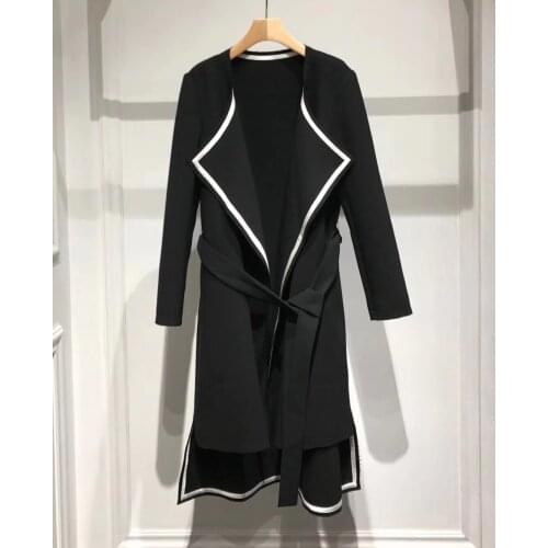 High 2021 New Ladies Quality Fashion Long Sleeve V-Neck Tie White Side Coat 0116