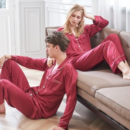 Xifenni Pajamas Sexy Faux Silk Sleepwear Male Female Fashion Red Striped Satin Silk Long-Sleeved Couple Pyjama Sets 2507
