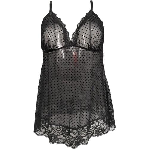 Perspective Gauze Polka Dot Spaghetti Strap Bow Lace Womens Nightgown Sexy Sleepwear for Female Underwear Gift SLA034