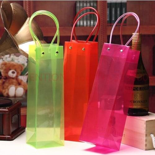 Handle colorful Clear PP bags Wine packing 33x10x9cm Red Green Cherry Juice Olive Oil Champange Bottle Carrier Gift 20pcs