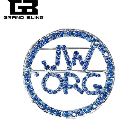Blue Rhinestone Jehovahs Witness Brooch Circle Design "JW.ORG" Lapel Pin