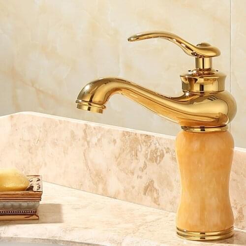 Bathroom Basin Faucets Brass & Jade Sink Mixer Taps Hot & Cold Single Handle Lavatory Crane Blistering Tap Gold Free Shipping