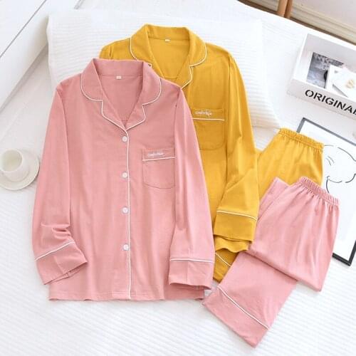 Spring Couple Long-sleeved Pajamas Thin Cotton Lapel Pijamas Women and Men Lounge Wear Solid Sleepwear 2 Piece Home Clothes 2021