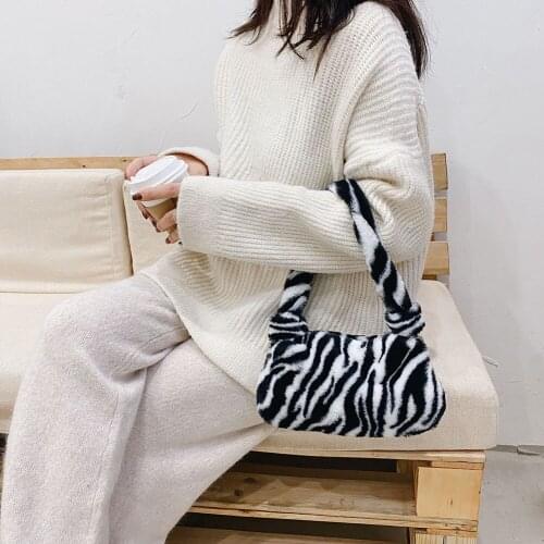 Vintage Plush Shoulder Bags For Women 2021 New Fashion Casual Animal Pattern Underarm Handbags Wild Top-handle Womens' Pouch