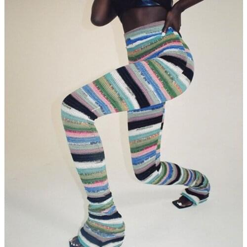 Vintage Colorful Striped Knitted Stacked Pants Women Hippie Clothes Fall 2021 Sexy Skinny Long Trousers Female Streetwear