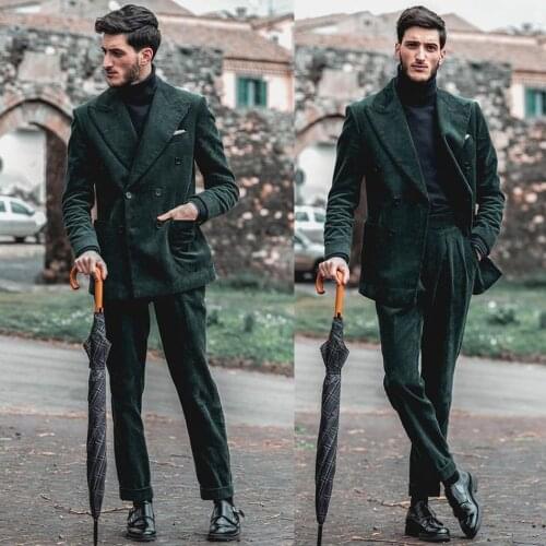 Green Velvet Customized Wedding Tuxedos Slim Fit Double Breasted Jacket Business Party Prom Blazer 2 Piece