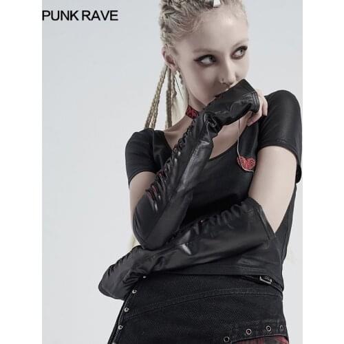PUNK RAVE Womens Gothic Flame Sleeves Gloves Cool Handsome Elastic Gloss Knitted Fingerless Pu Leather Gloves Accessories