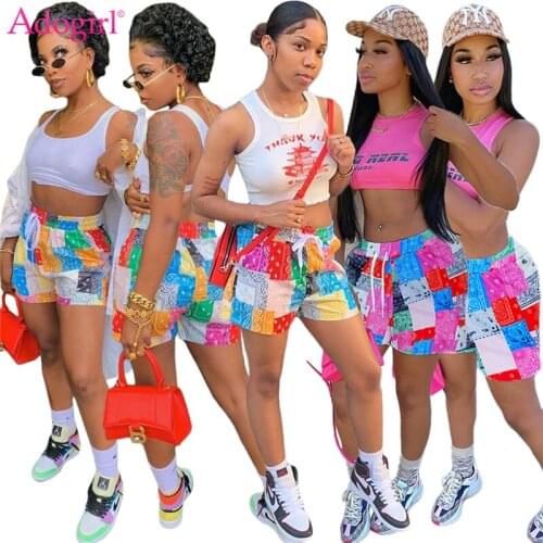 Adogirl Paisley Bandana Print Women Beach Shorts Drawstring Elastic Waist Pockets Summer Casual Short Stright Pants Trousers