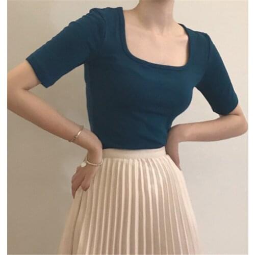 Women Short Sleeve Tops Solid Square Collar Slim Thin Tops Elegant Fashion Female Short Style Tops 2020 Vintage Casual Tshirt