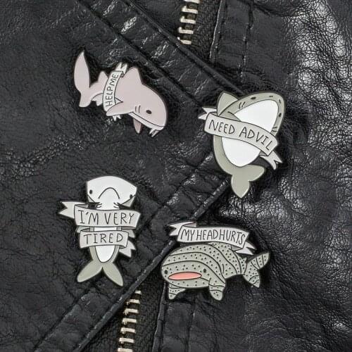 1PCS Originality Cartoon Animal My Headhurts Letter Whale Dolphin Shark Whale Enamel pins Badges Brooches jewelry Free Delivery