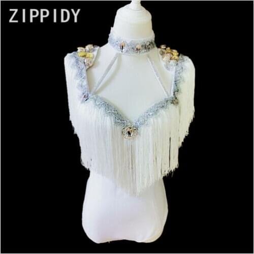 2019 Big Rhinestones 3-piece Set White Tassel Bra Short Long Tail Womens Outfit Sexy Costume Birthday Prom Party Show Wear