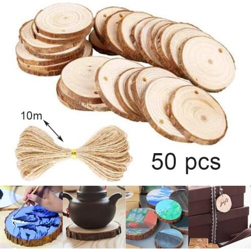 50set Round Unfinished Wood Slices Circles Craft Slice Circle Ornament with 10M Rope for DIY Wedding Party Painting