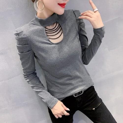 #5787 Black Blue Red Grey Casual T Shirt Women Hollow Out Cotton Puff Sleeved Basic Turtleneck T Shirt Female Slim Korean Style