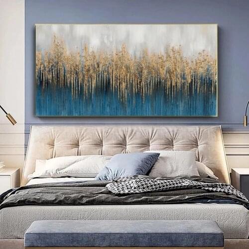 Nordic Abstract Art Blue Goden Tassel Oil Painting on Canvas Wall Art Posters Prints Wall Pictures for Living Room Home Decor