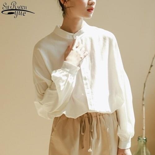 Cotton Stand-Collar Casual Single Breasted Shirts 2021 Autumn Lantern Long Sleeve Women Literary Solid Blouse Blusas Mujer 11504