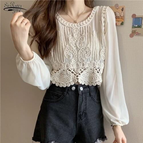 Spring and Summer 2021 Korean Fashion Blouse Loose Hollow Out Sexy Shirt Short Jacket Sweet Chiffon Lace Shirt for Girl 14673