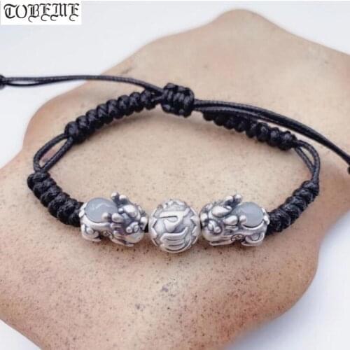 Handmade 3D 999 Silver Pixiu Bracelet Pure Silver Wealth Pixiu Beads Bracelet Tibetan Six Words Beads Bracelet Good Luck Jewelry