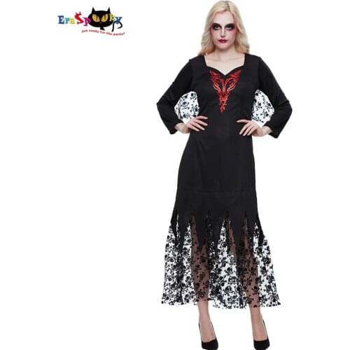 Eraspooky Vintage Gothic Black Dress Women Medieval Skull Countess Cosplay Halloween Costume For Adult Skeleton Lace Dress