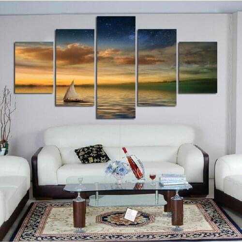 Hot Sale 5 Panels Boat Lake Landscape Painting Pictures Sunset Scenery Painting Beach Wall Picture Prints On Canvas No Frame
