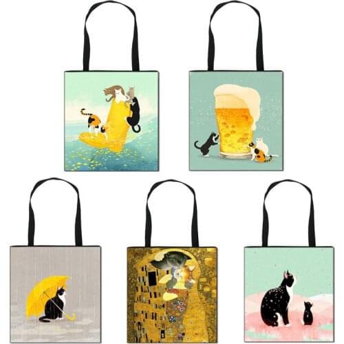 Customized Cartoon Cat Print Tote Bag For Women Reusable Shopping Bags girls Folding Travel School Bags Pouch girl bookbag