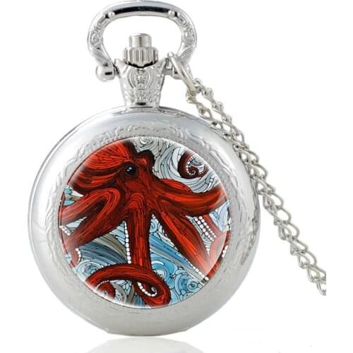 Red octopus Pattern Silver Glass Dome Vintage Pocket Watch Men Women Punk Style FOB Pendant Necklace Hours Clock Gifts