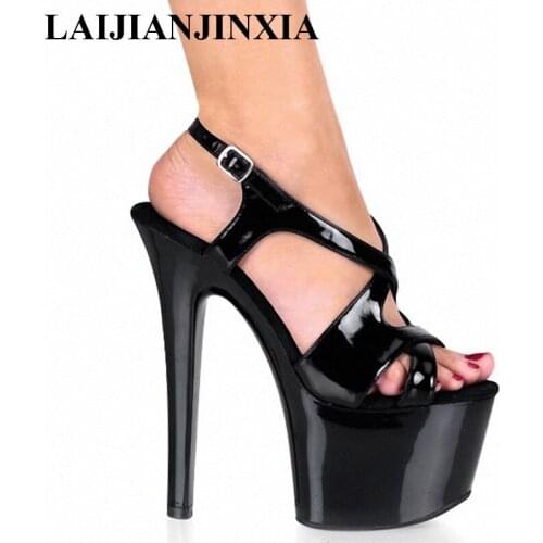 LAIJIANJINXIA 17cm Super High Heels Sexy Waterproof Thick Sole Cross Strappy Sandals 7 Inch Hand Made Shoes Black Red White